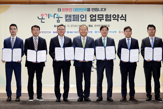 이상민 행정안전부 장관(가운데)과 조한래(맨 오른쪽) 우리은행 IT그룹 부행장이 관계자들과 기념촬영을 하고 있다. [우리은행 제공]